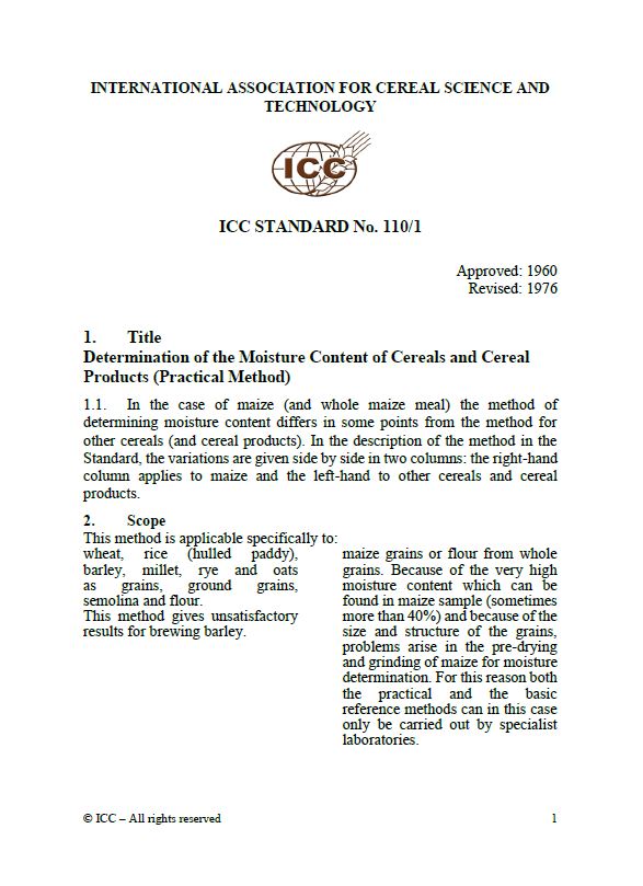 110/1 Determination of Moisture Content of Cereals and Cereal Products (Practical Method) [PDF]