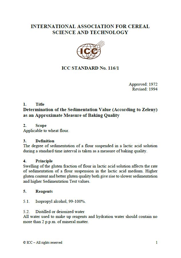116/1 Determination of Sedimentation Value (According to Zeleny) as an Approximate Measure of Baking Quality [PDF]
