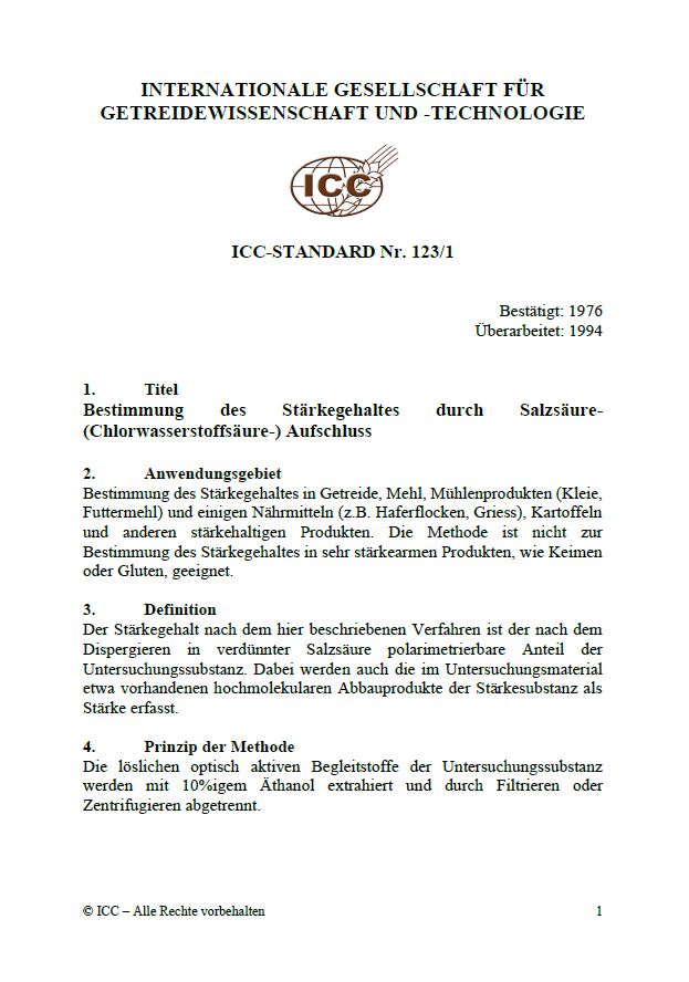 123/1 Bestimmung des Stärkegehaltes durch Salzsäure- (Chlorwasserstoffsäure-) Aufschluss [PDF]